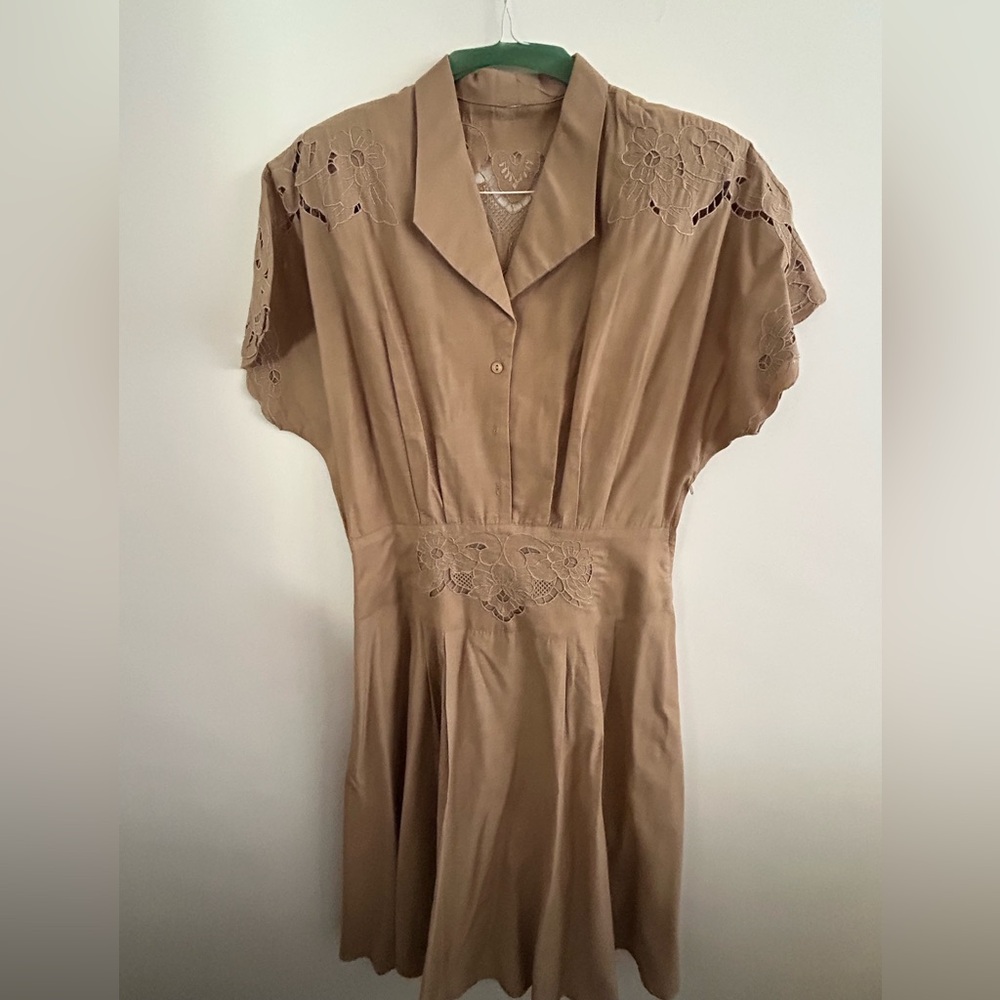Elegant Tan Midi Linen Dress with Lace Details